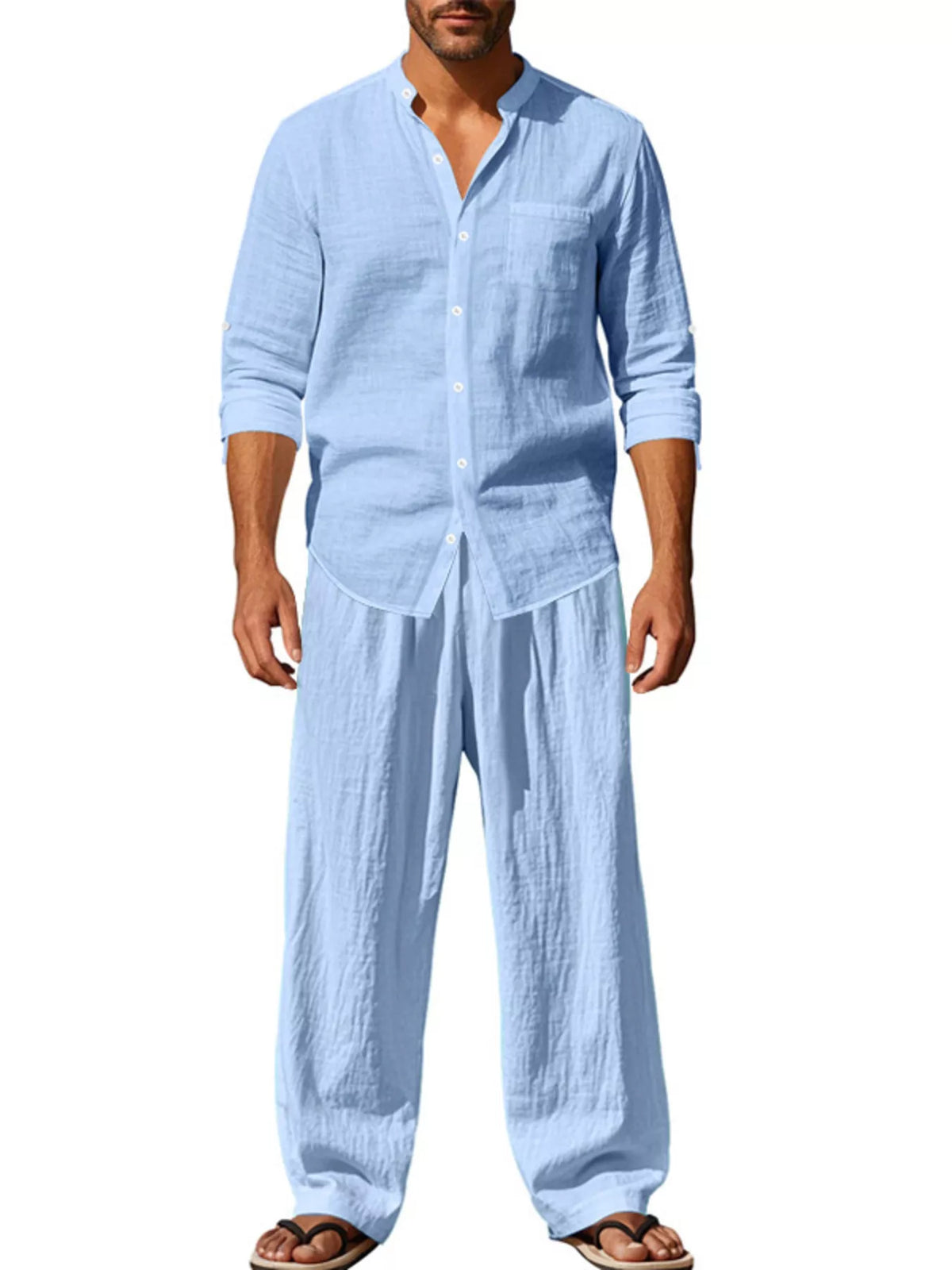 Men's Full Size Button Up Long Sleeve Shirt and Pants Plus Size in Light Blue