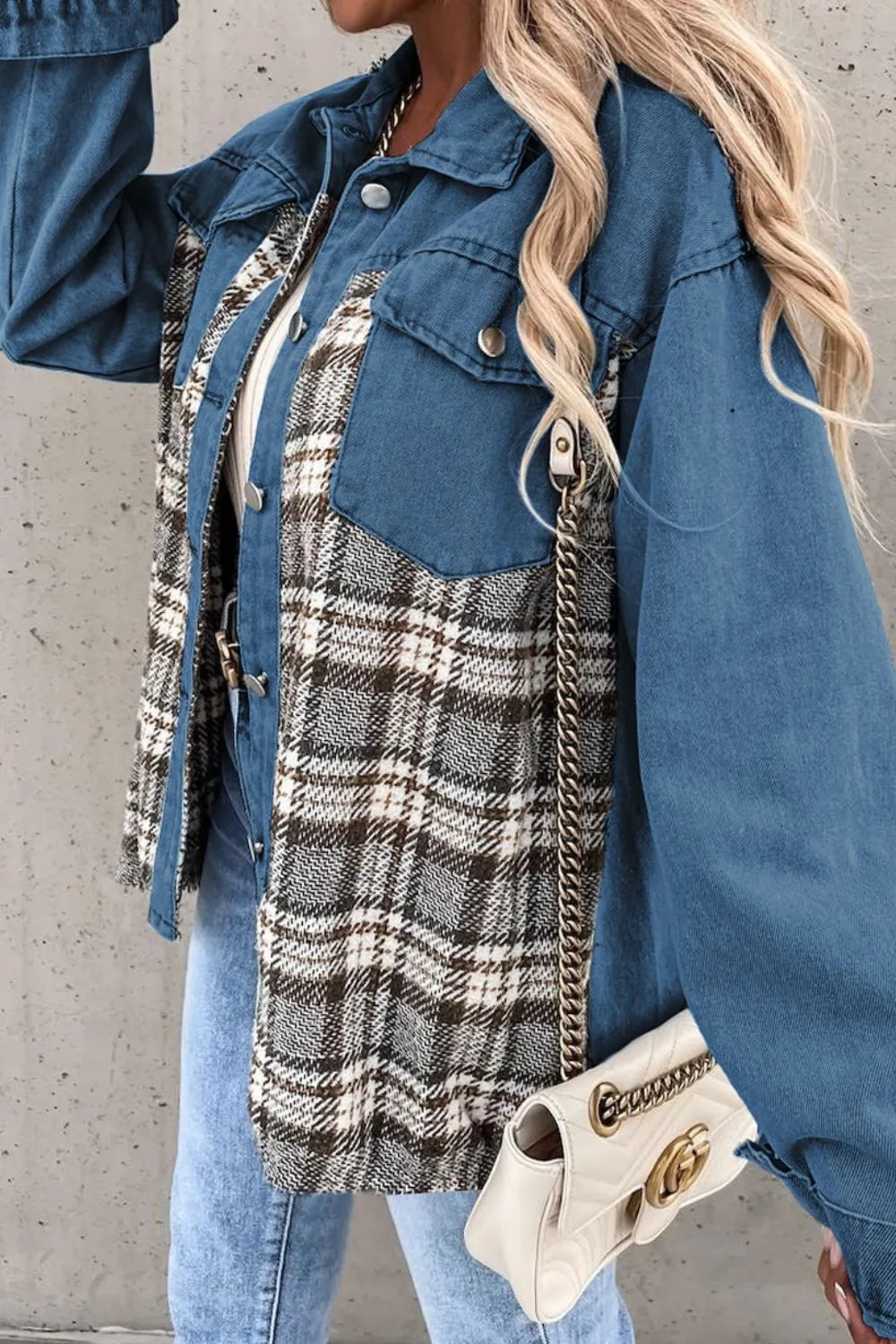 Plaid Pocketed Button Up Denim Jacket - Lilixa.store