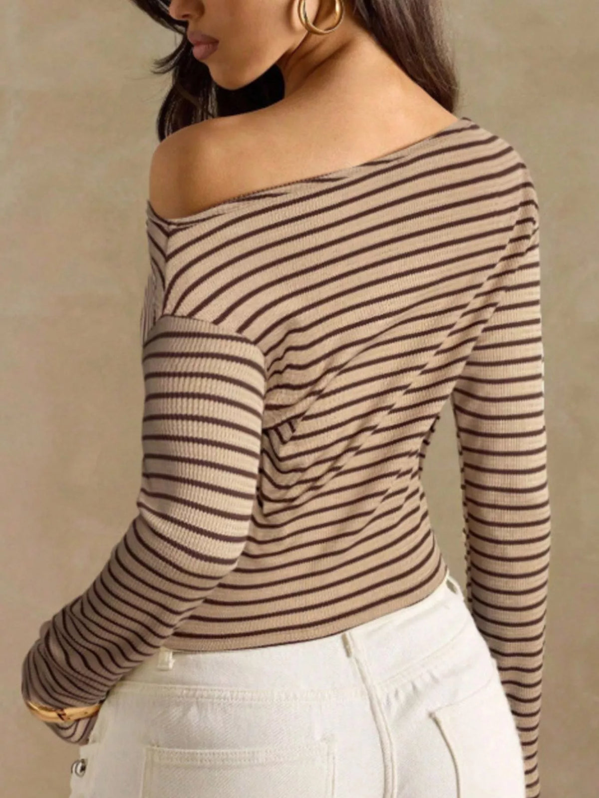 Off-Shoulder Striped Ribbed Long Sleeve T-Shirt, view 12