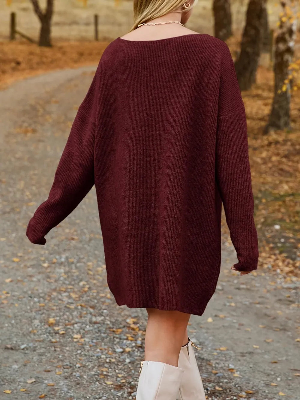 V-Neck Dropped Shoulder Sweater Dress, view 11