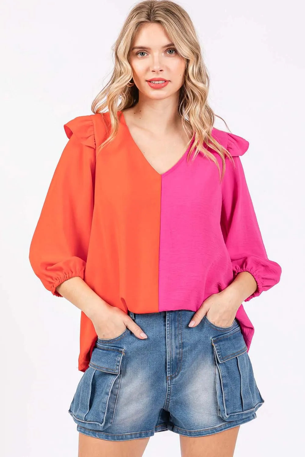 GeeGee Full Size Ruffle Trim Contrast Blouse - Lilixa.store