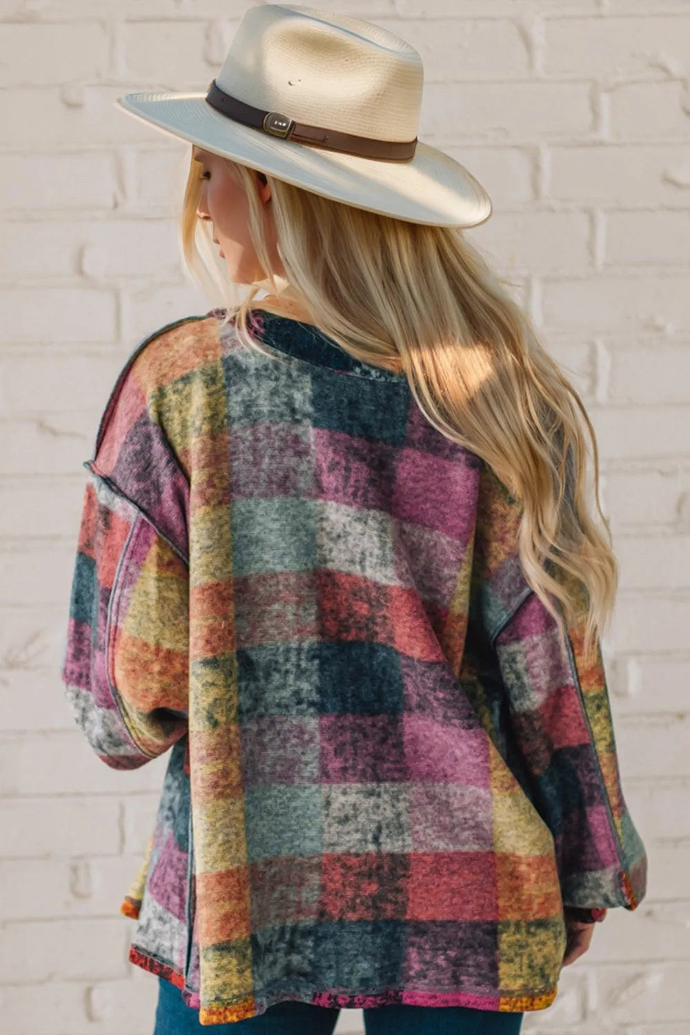 Double Take Full Size Exposed Seam Button Up Fleece Shacket in Multicolored, view 2