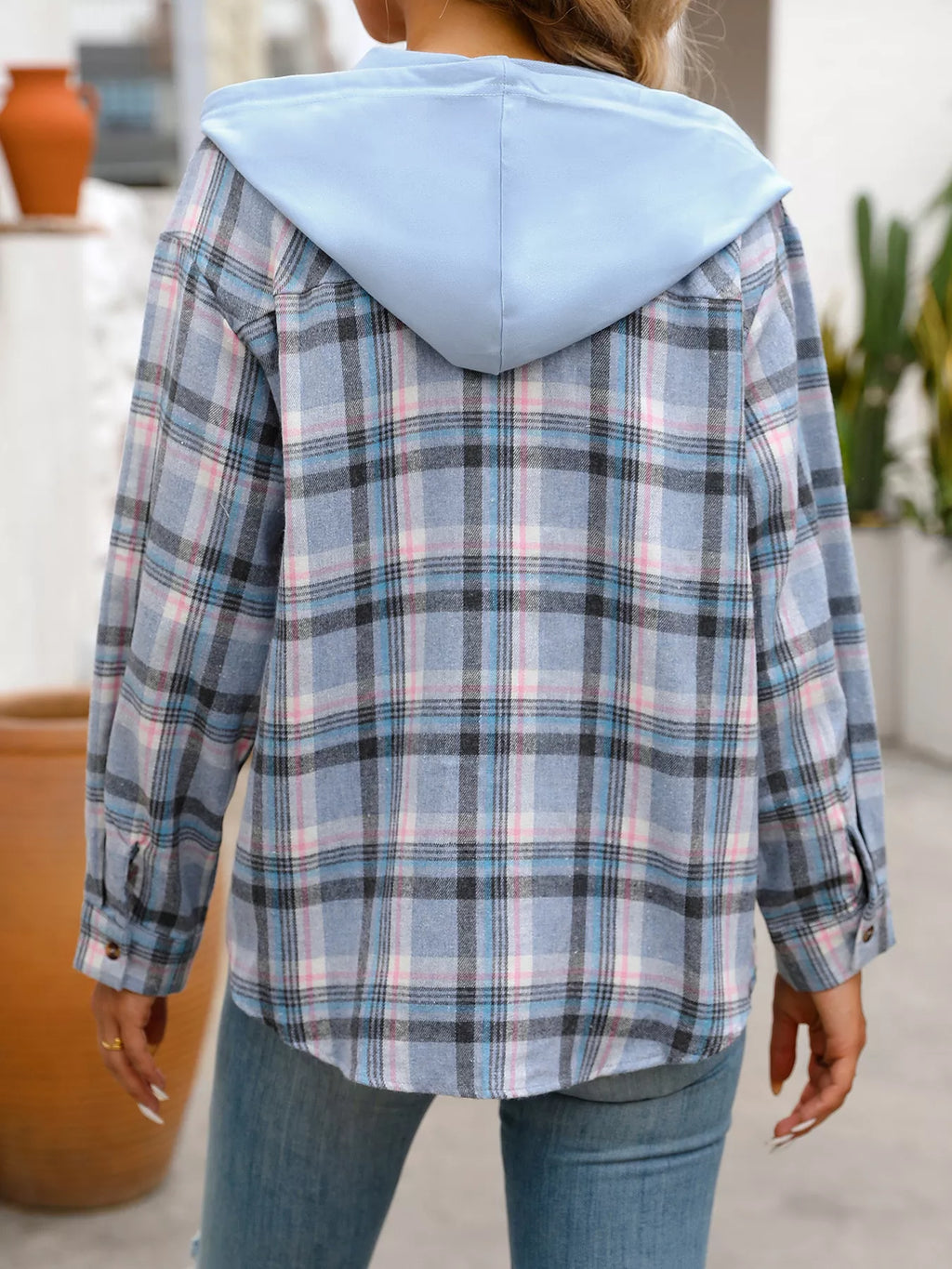 Plaid Button-Up Hooded Shirt with Chest Pocket - Lilixa.store