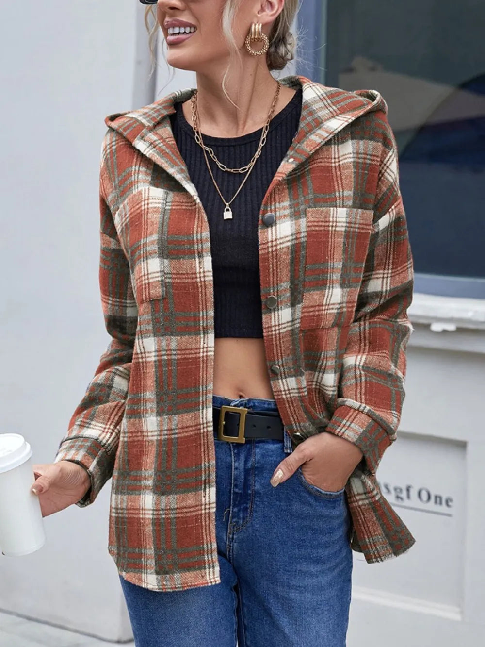 Ivy Lane Plaid Button Up Long Sleeve Hooded Jacket in Brown