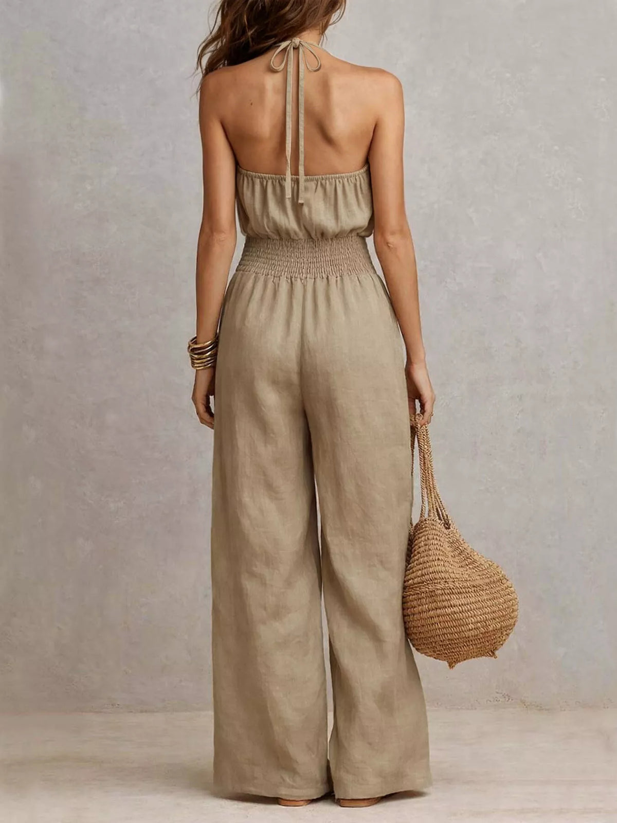 Halter Neck Wide-Leg Jumpsuit with Smocked Waist - Lilixa.store