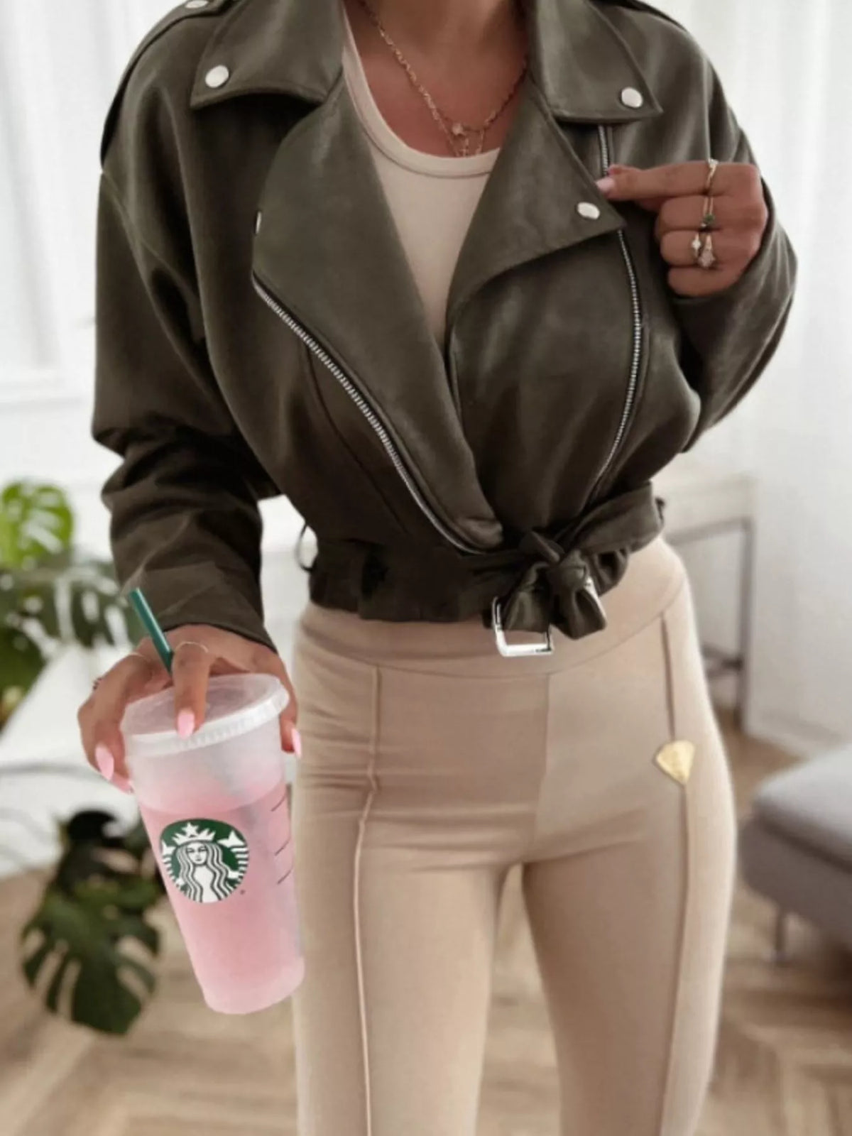 Cropped Biker Jacket with Belt Detail in Army Green