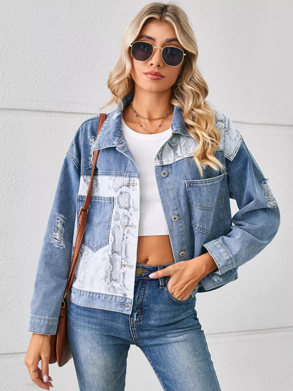 Snake Print Button Up Denim Jacket - Lilixa.store