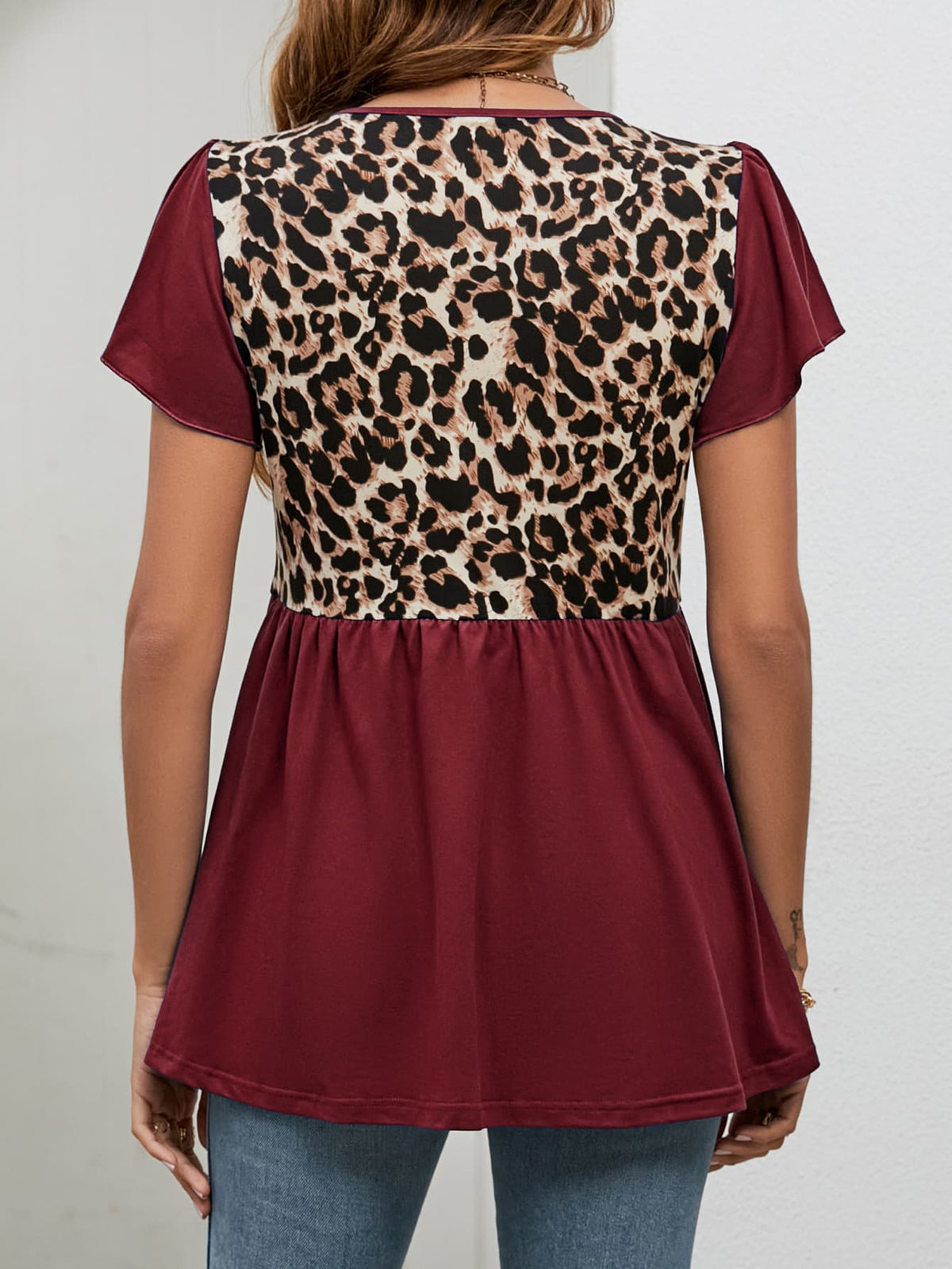 Leopard Round Neck Flutter Sleeve Babydoll Blouse, view 8