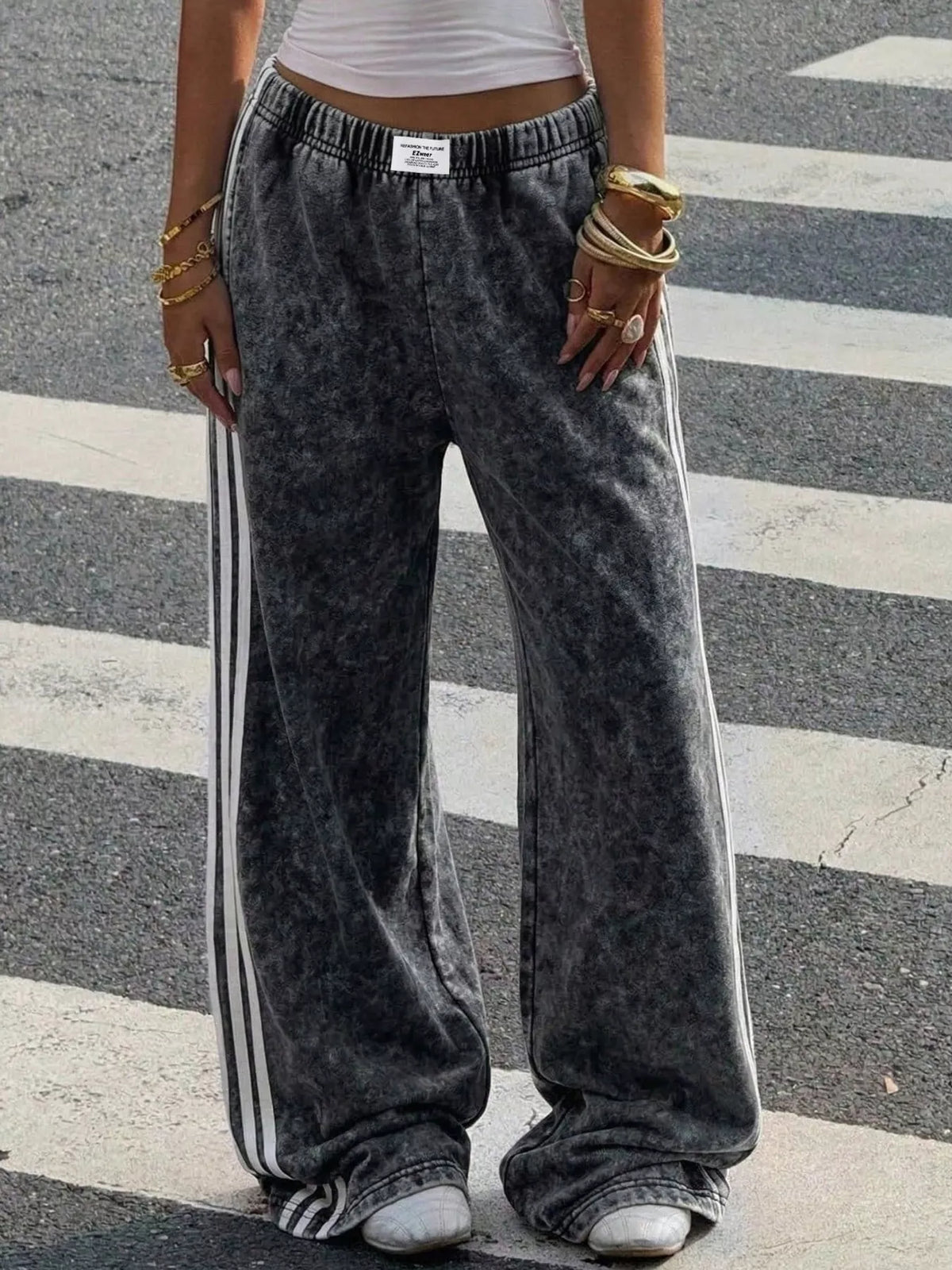 High-Waisted Wide-Leg Track Pants with Side Stripes in Gray