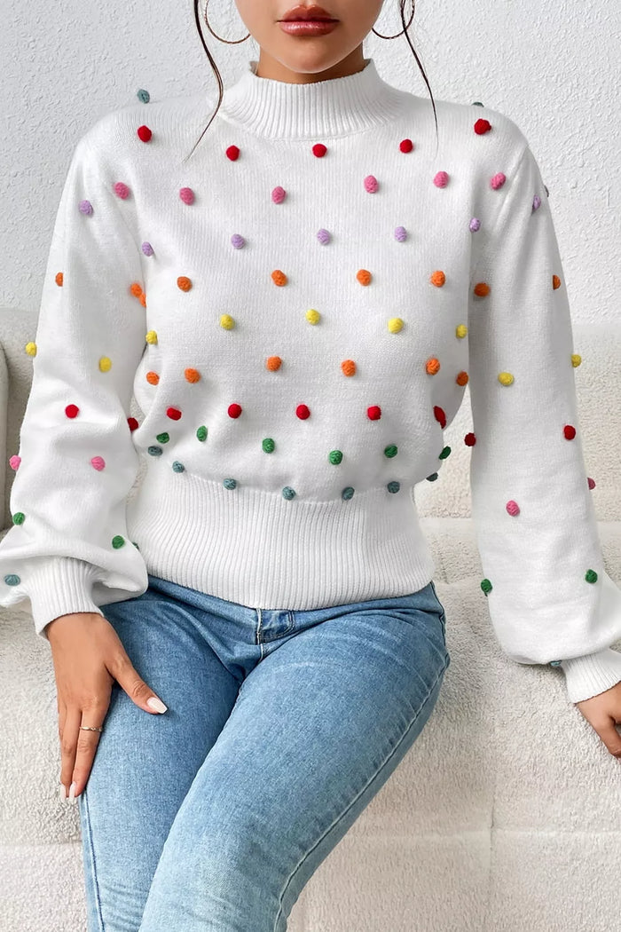 Pom-Pom Trim Mock Neck Long Sleeve Pullover Sweater in White