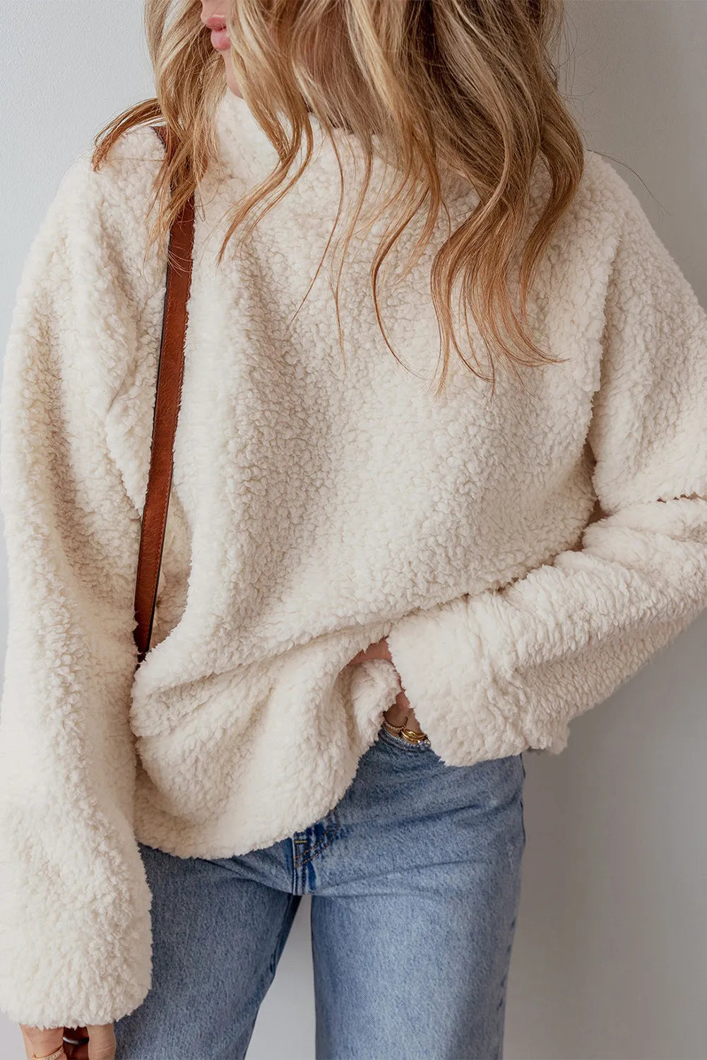 Turtleneck Long Sleeve Slit Fleece Sweatshirt - Lilixa.store