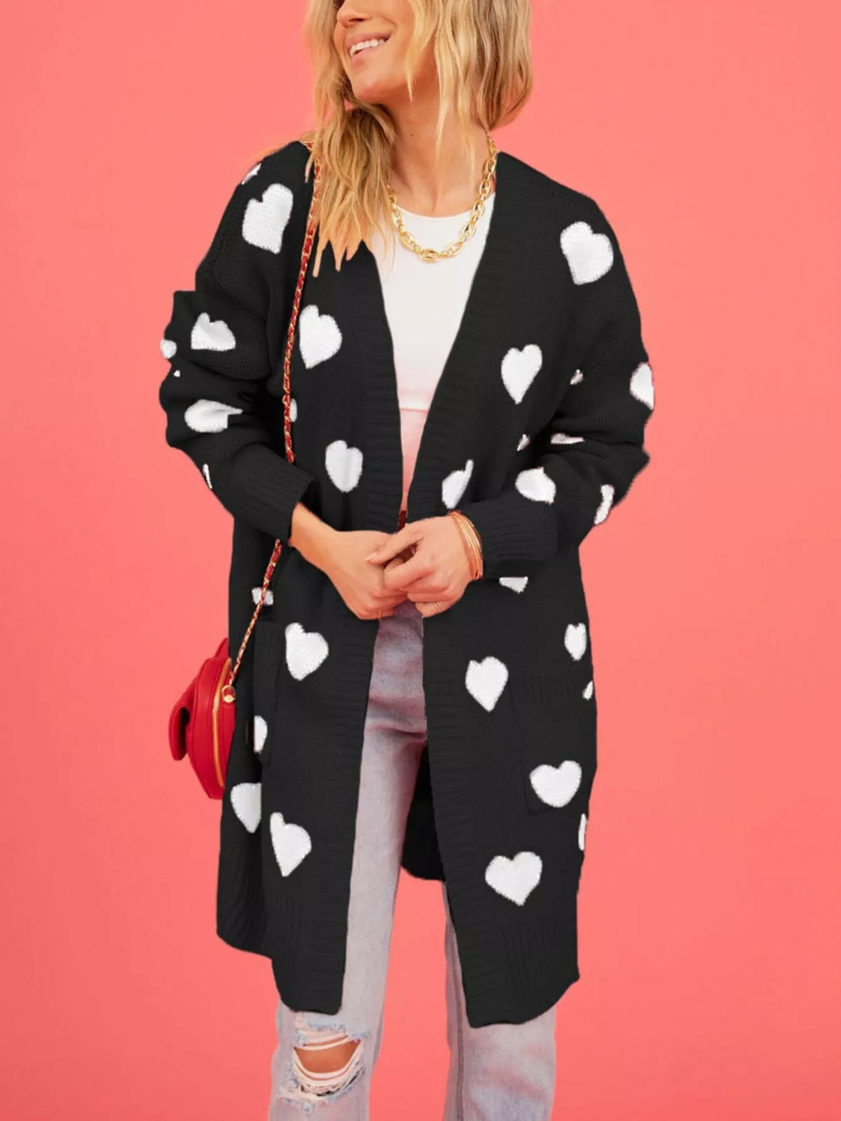 Heart Pattern Open Front Longline Cardigan - Lilixa.store