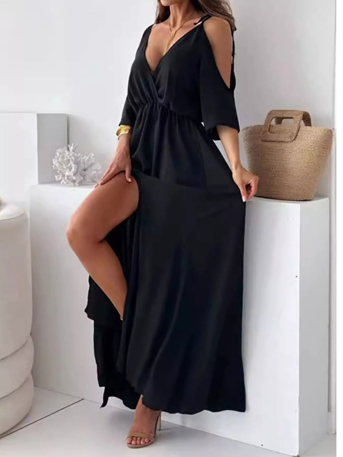 Slit Cold Shoulder Maxi Dress - Lilixa.store