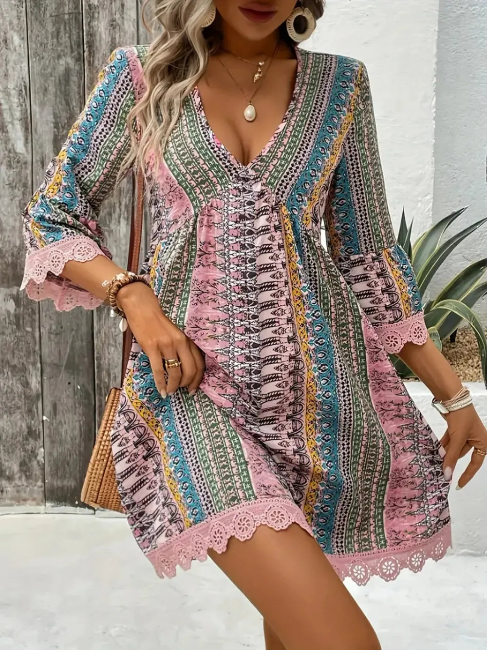 Lace Trim Printed V-Neck 3/4 Sleeve Dress - Lilixa.store