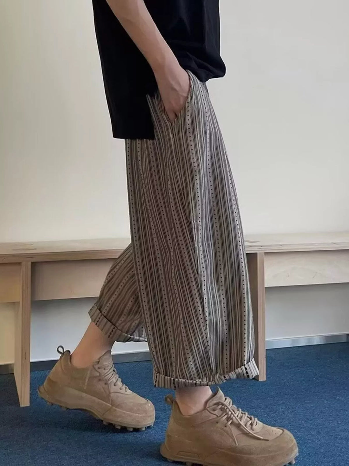 Men's Plus Size Striped Wide-Leg Casual Pants in Beige Gray