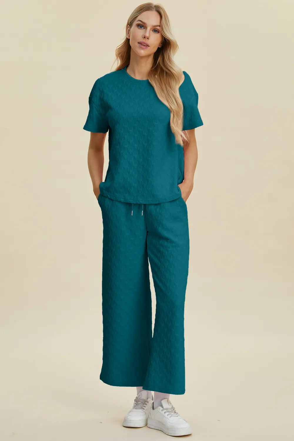 Double Take Full Size Texture Round Neck Short Sleeve Top and Pants Set in Cerulean