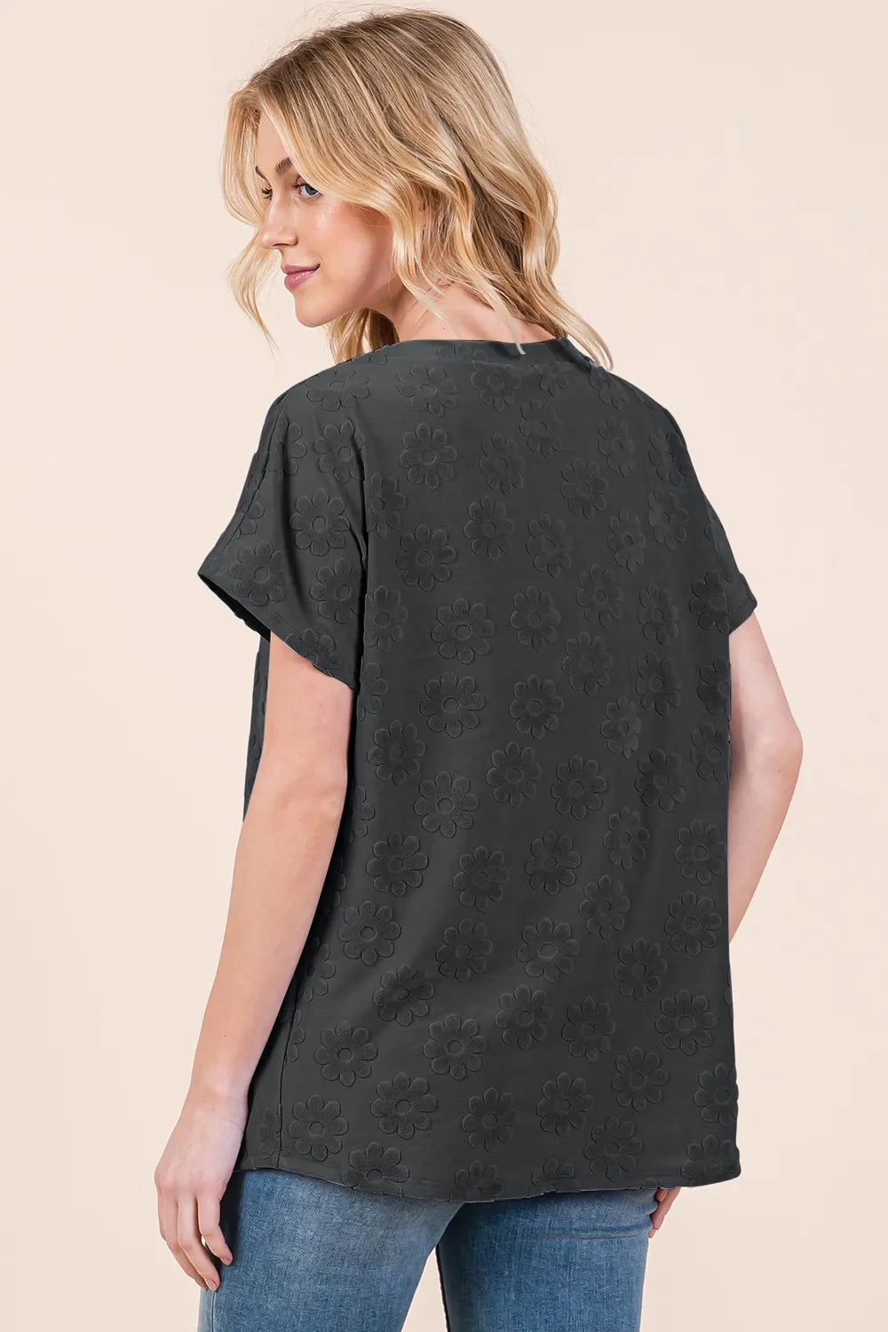 BOMBOM Textured Floral Pattern Short Sleeve T-Shirt - Lilixa.store