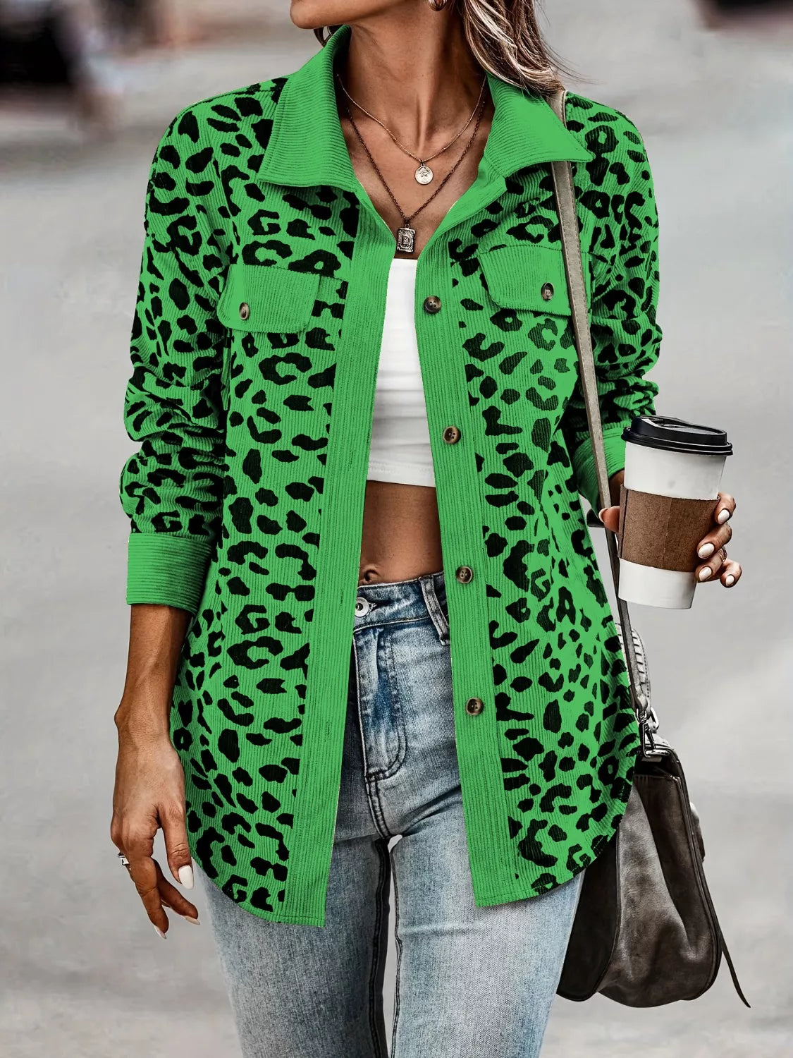 Full Size Leopard Print Button-Down Jacket Plus Size in Grass Green