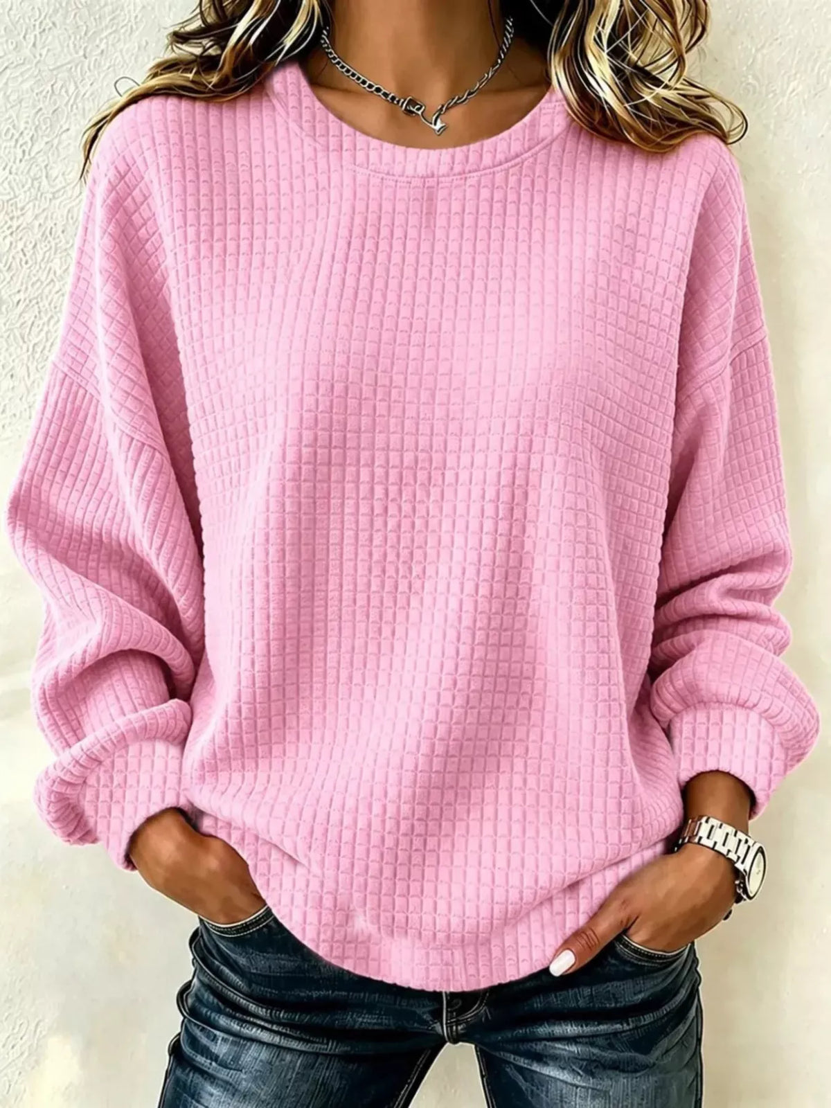 Full Size Waffle Knit Long Sleeve Crew Neck Sweatshirt Plus Size - Lilixa.store