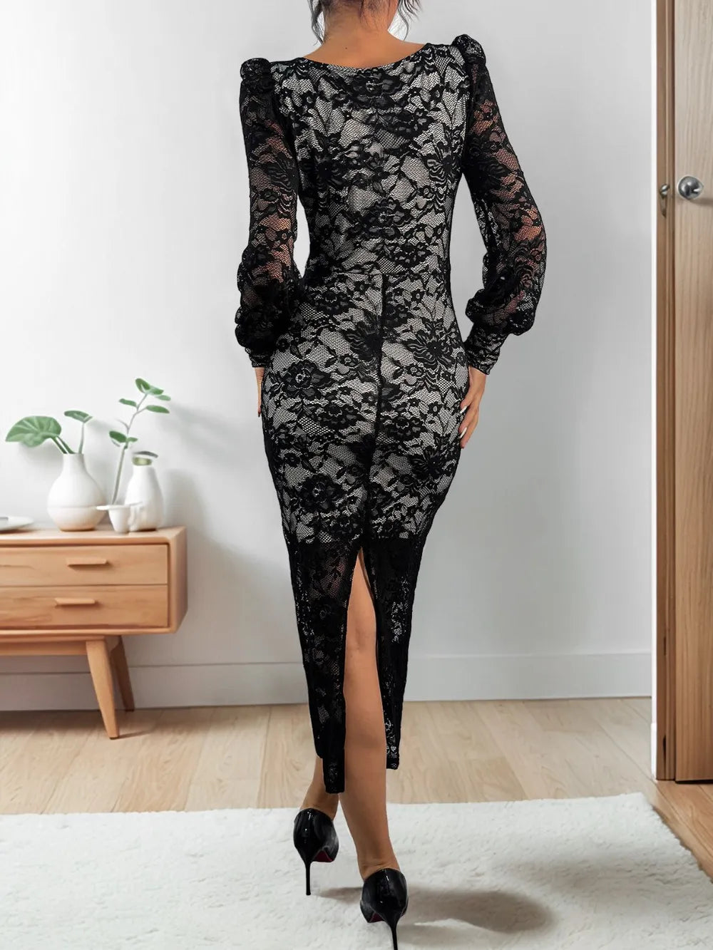 Perfee Lace Sweetheart Neck Long Sleeve Midi Dress - Lilixa.store