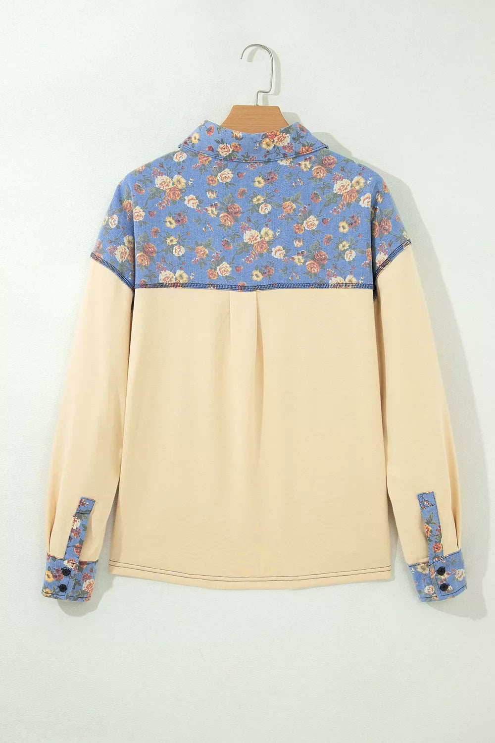 Floral Denim Patchwork Collar V Neck Long Sleeve Pullover Top, view 6