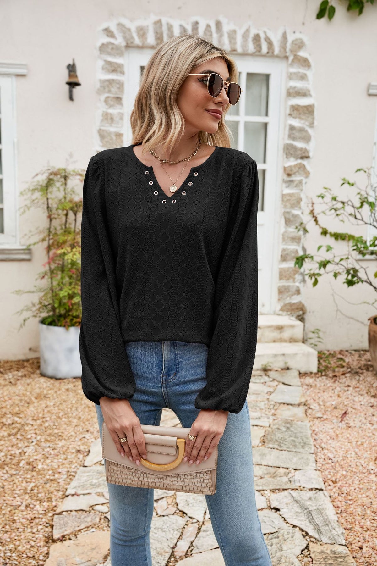 Eyelet Notched Neck Balloon Sleeve Blouse, view 7
