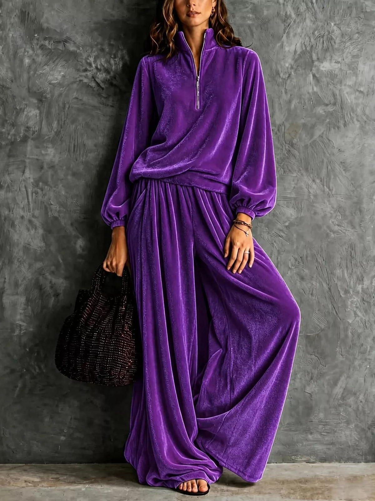Quarter-Zip Sweatshirt and Wide-Leg Pants, view 4