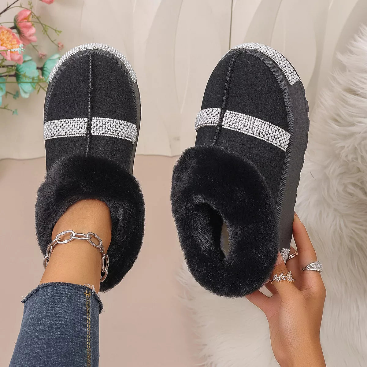 Rhinestone Embellished Faux Fur Lined Platform Boots - Lilixa.store