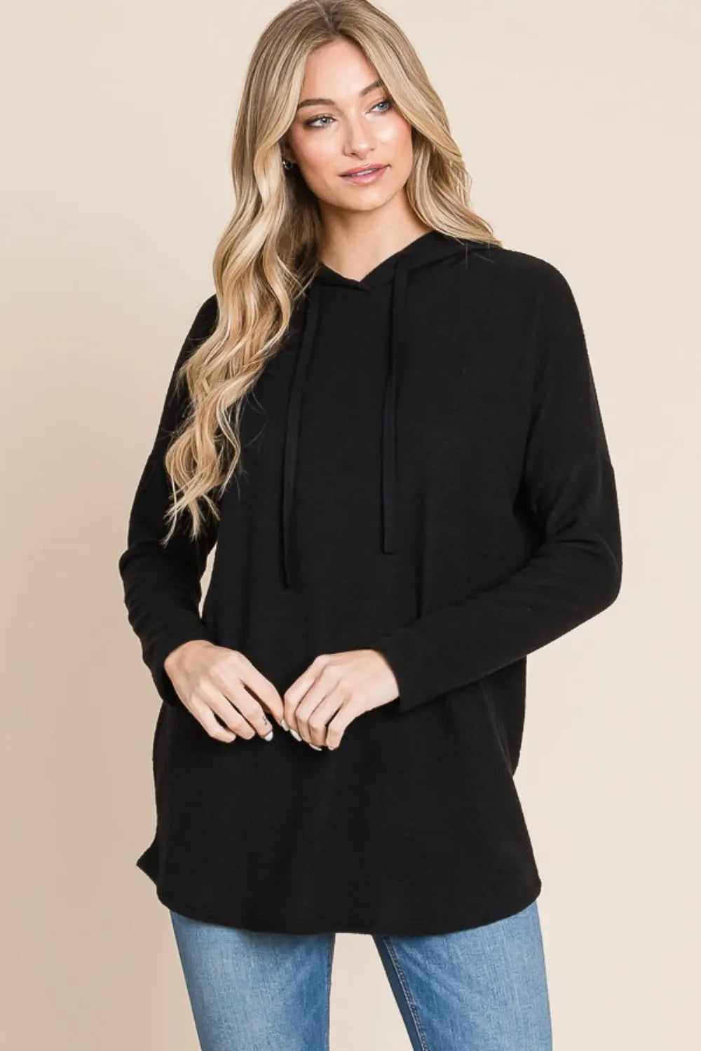 BOMBOM Contrast Drawstring Drop Shoulder Knit Hoodie - Lilixa.store