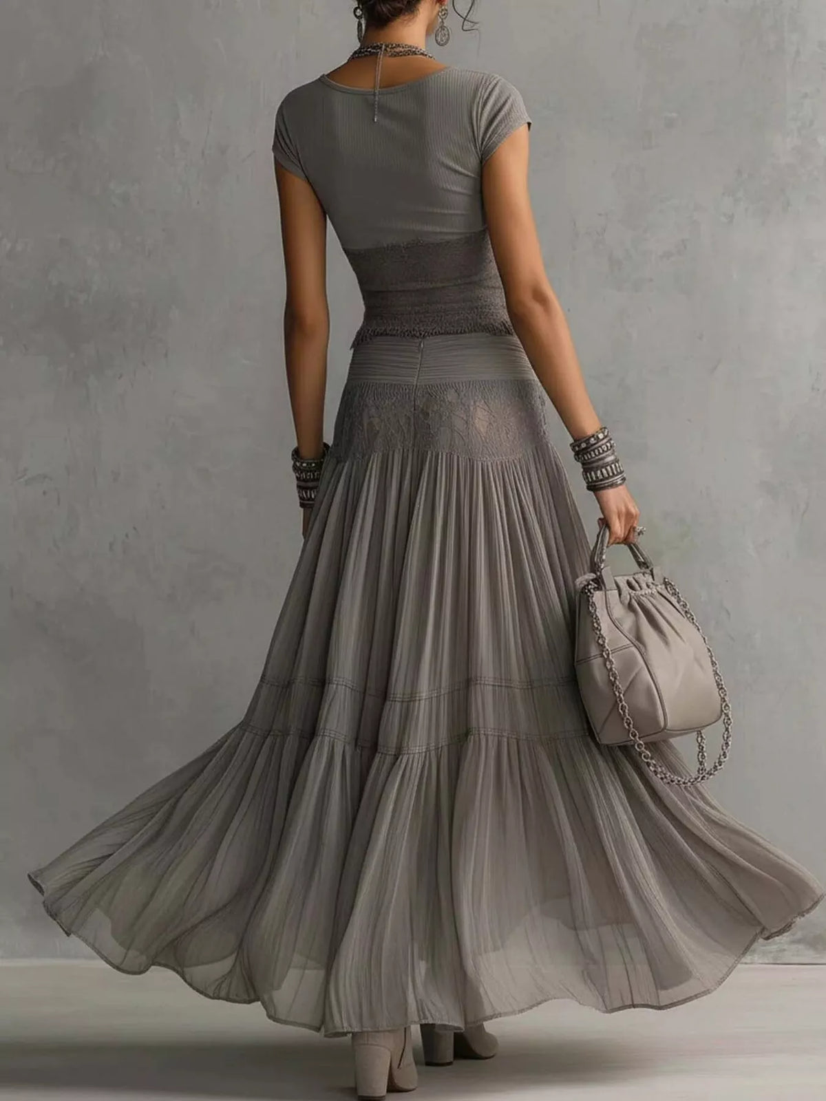 Lace Slim Fit Top and Maxi Skirt Set - Lilixa.store