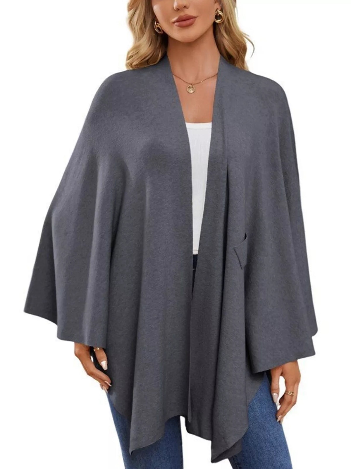 Solid Color Tie-Front Knit Cape Top, view 13
