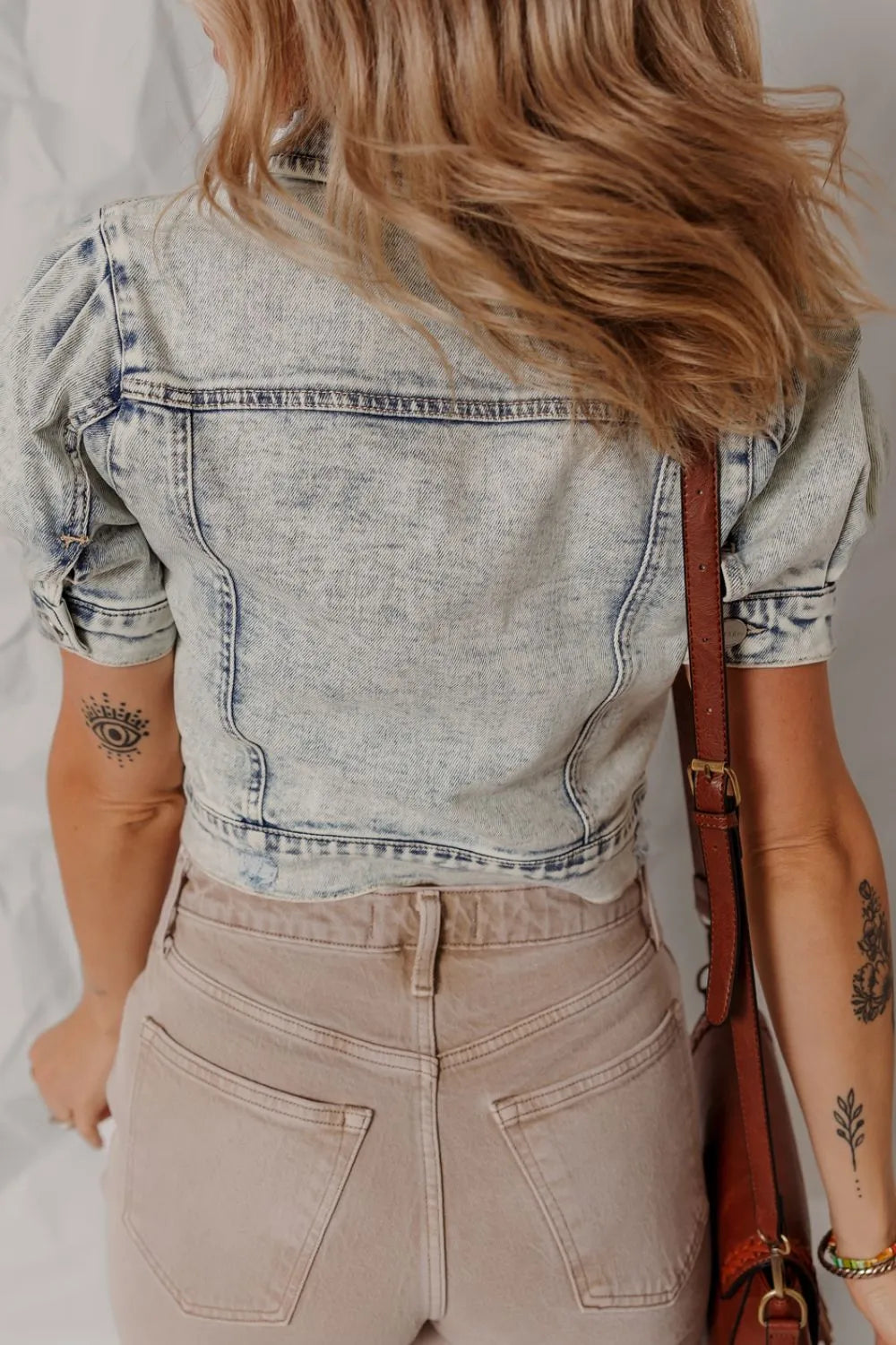 Wash Buttoned Chest Pocket Puff Sleeve Denim Jacket, view 2