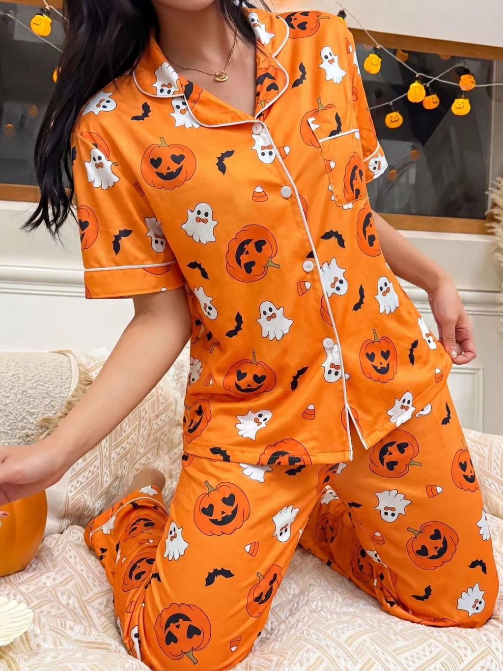 Halloween Pumpkin Print Button-Down Top and Pants Set - Lilixa.store