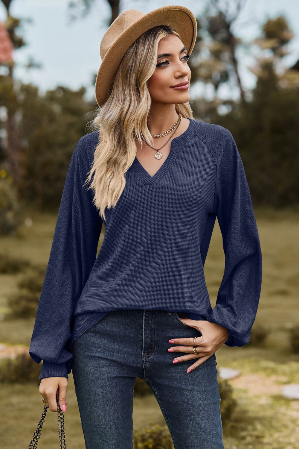 Notched Neck Raglan Sleeve Blouse in Dark Blue