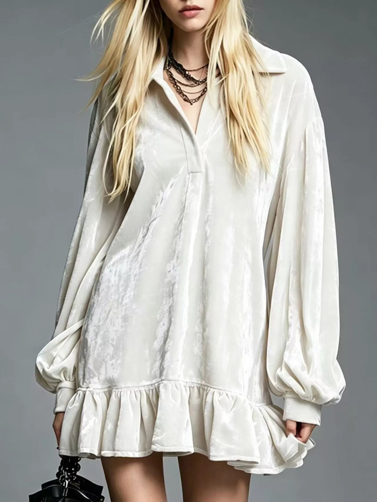 Full Size Velvet Long-Sleeve Ruffle Hem Mini Dress Plus Size