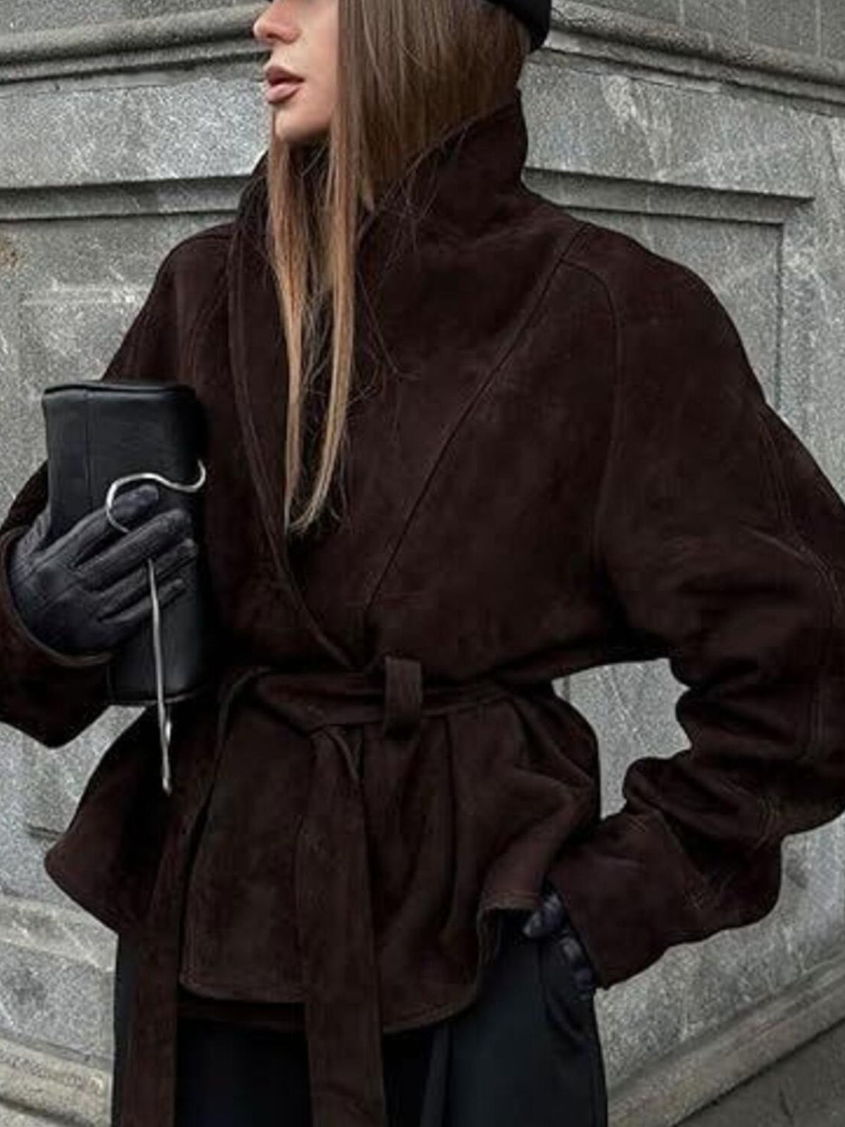 Tie Waist Vintage Style Jacket in Dark Brown, view 3