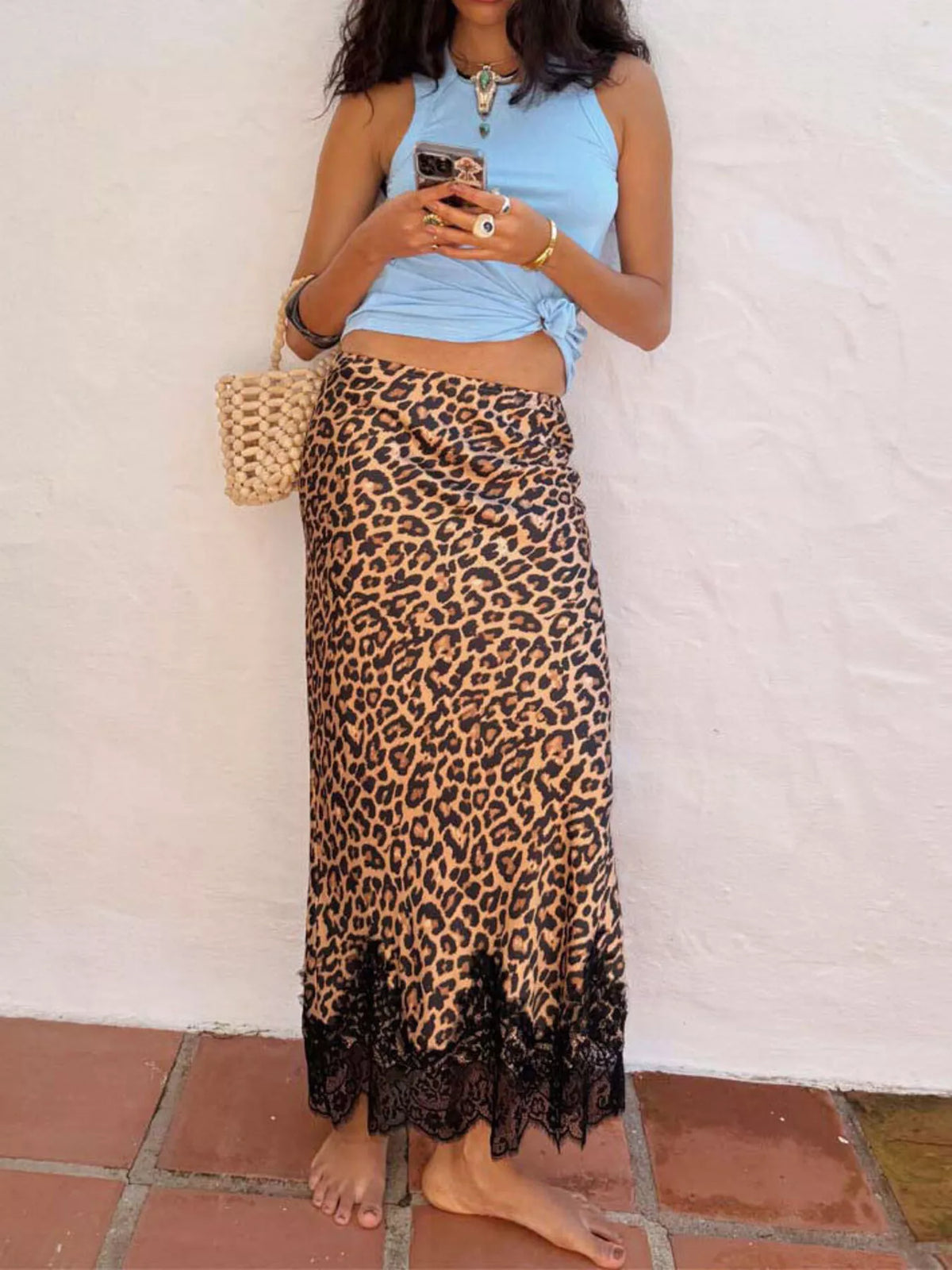 Lace Trim Leopard Maxi Skirt - Lilixa.store