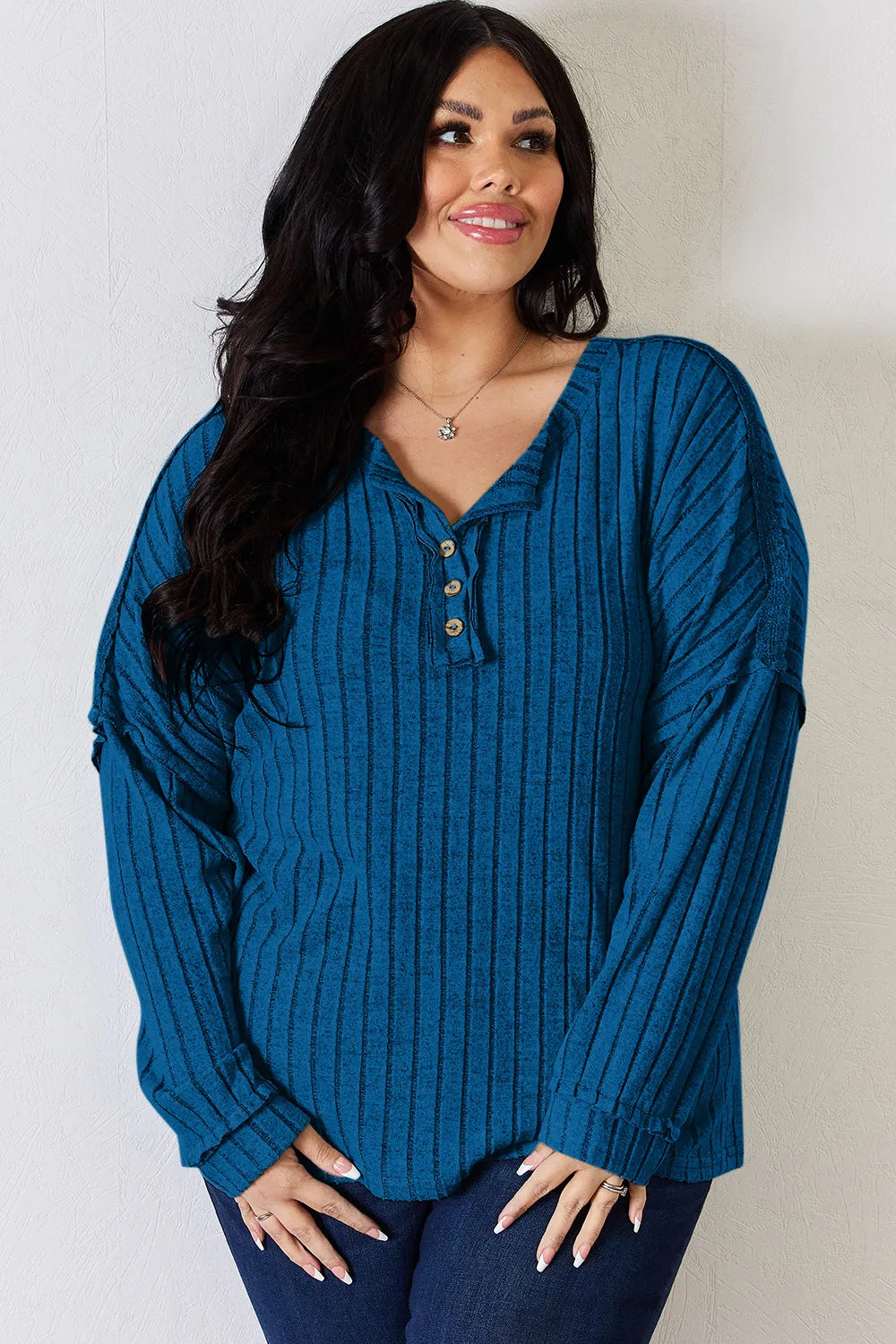 Basic Bae Full Size Ribbed Half Button Long Sleeve T-Shirt - Lilixa.store