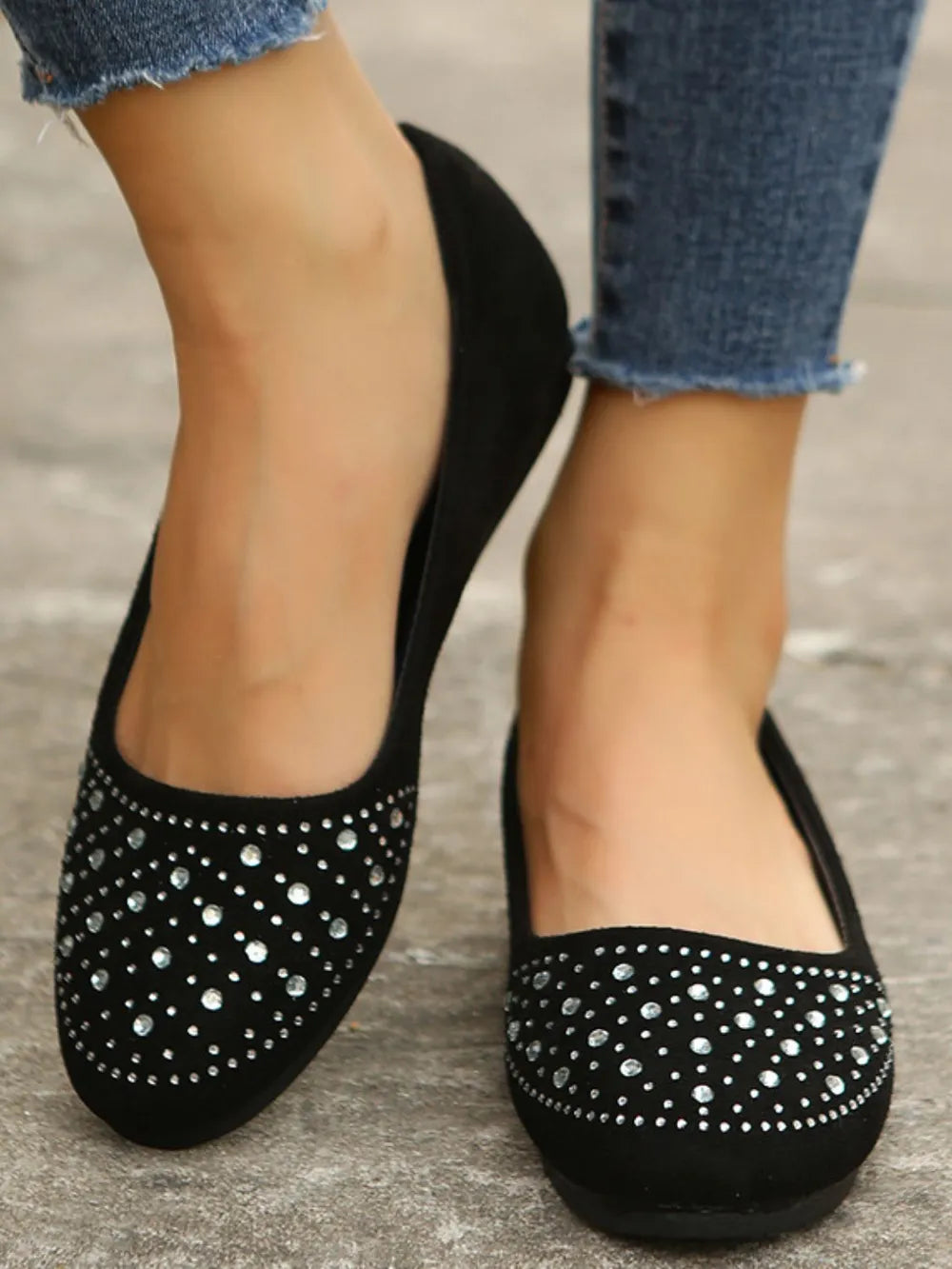 Rhinestone Flat Slip-Ons in Black