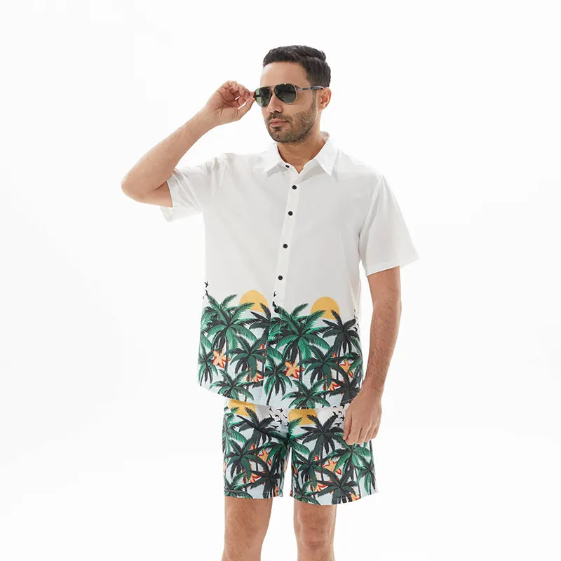 Men's Full Size Printed Short Sleeve Shirt and Shorts Set Plus Size in White