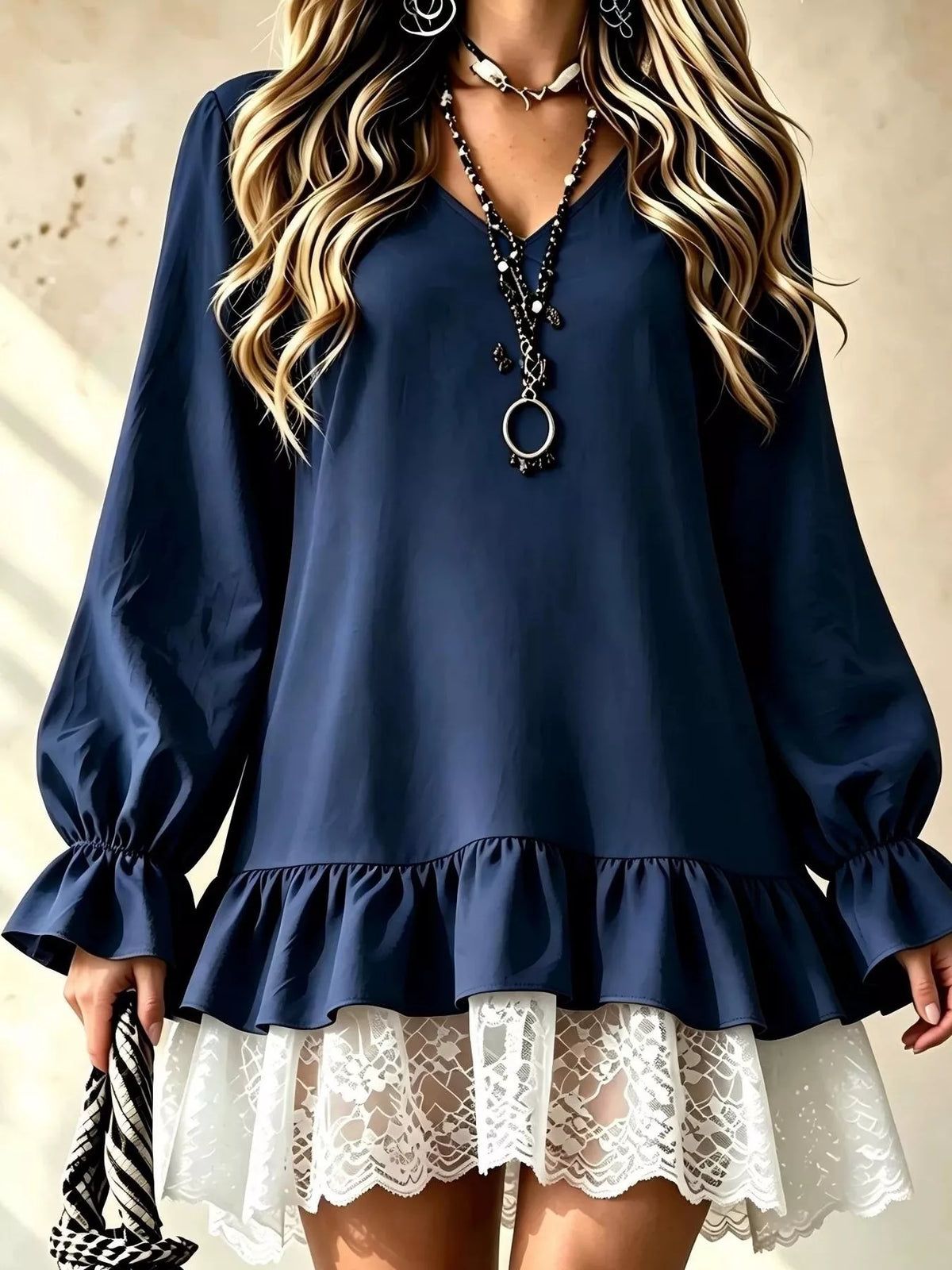 V-Neck Long Sleeve Ruffle Hem Lace Trim Mini Dress in Dark Blue