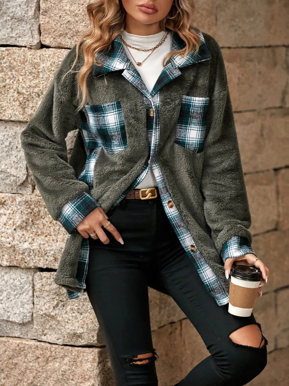 Plaid Contrast Dropped Shoulder Coat, view 9