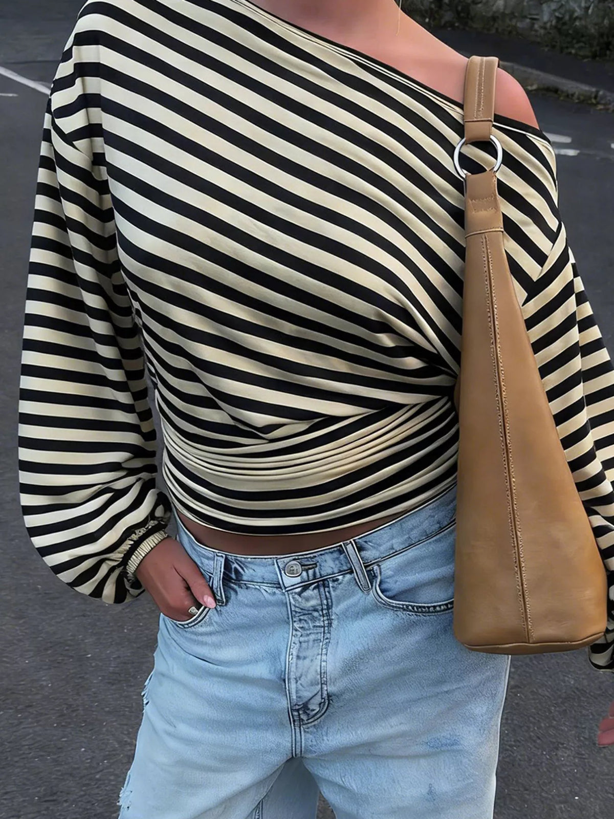 One Shoulder Striped Long Sleeve Slim-Fit T-Shirt - Lilixa.store