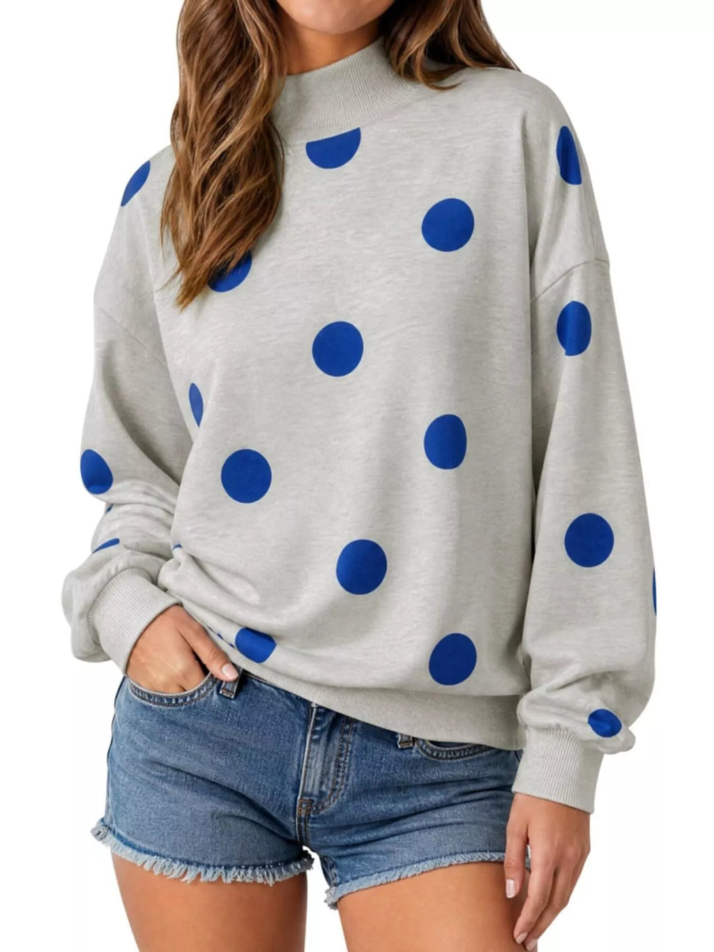 Mock Neck Polka Dot Print Oversized Sweatshirt - Lilixa.store