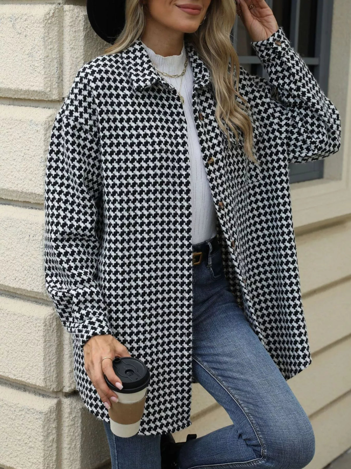 Houndstooth Button Up Long Sleeve Coat, view 2