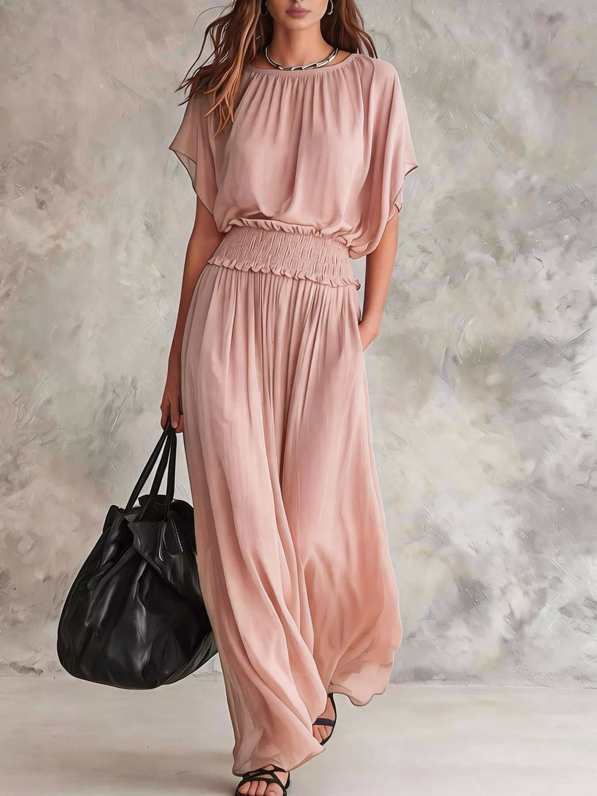 Chiffon Maxi Dress with Smocked Waist - Lilixa.store