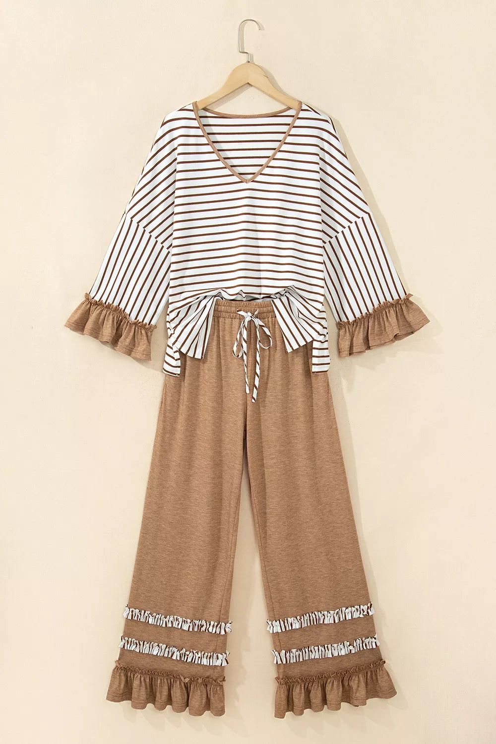 Stripe V Neck Ruffle Contrast Sleeve Top Drawstring Pants 2pcs Set - Lilixa.store
