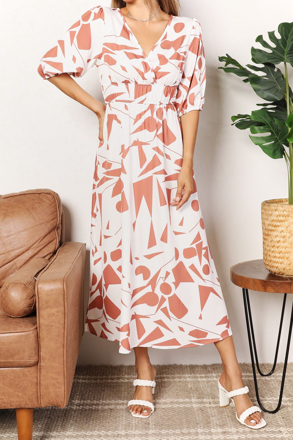 Printed Surplice Balloon Sleeve Dress - Lilixa.store