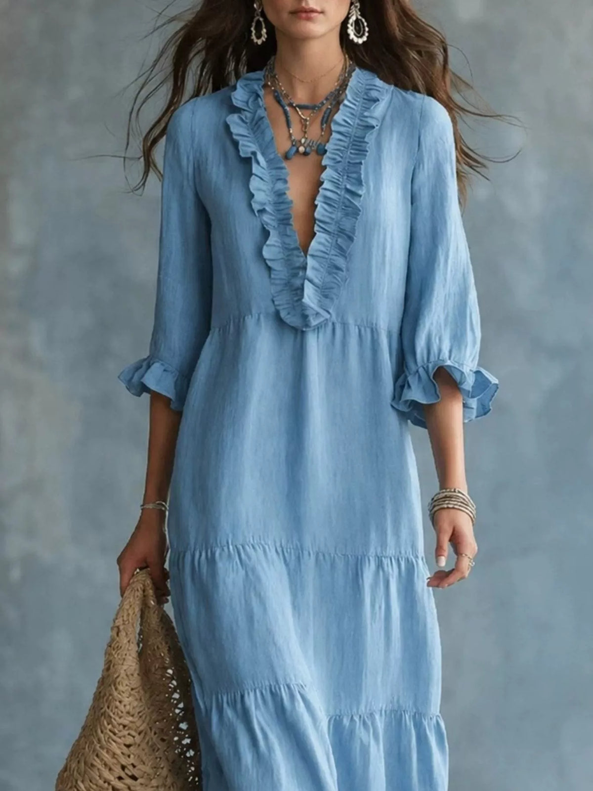 Ruffled V-Neck Tiered Maxi Dress - Lilixa.store