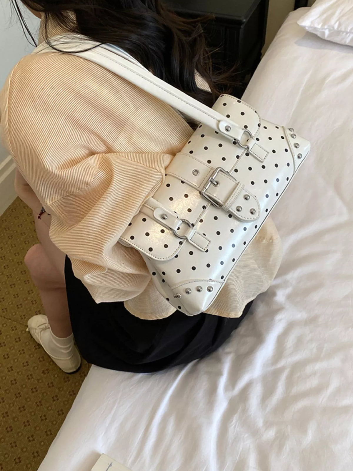 Polka Dot Studded Shoulder Bag - Lilixa.store